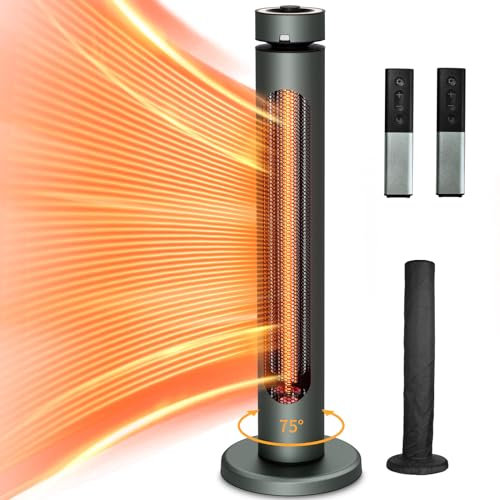 Outdoor Heizstrahler, 1500 Watt 8 HeizstufenHeizstrahler elektrisch mit Fernbedienung, 8H Timer, 75° Oszillation, IP65 Schutz für Garten Terrasse Balkon Haus 1500W T08
