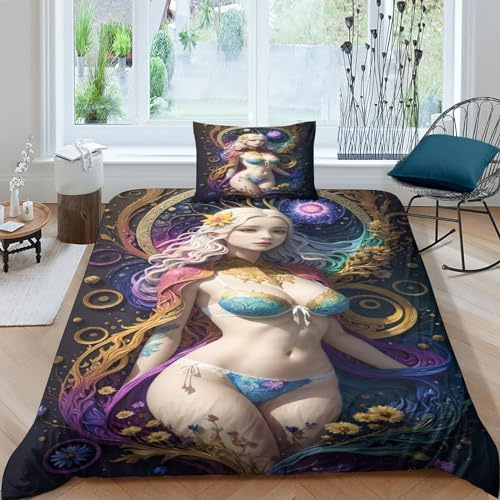 ESSAHI Sexy Mädchen Bettwäsche 3D Gedruckter Anime Bettbezug Weich Mikrofaser Bettwäschegarnitur 3 Teilig Mit Reißverschluss Und Kissenbezug Für Kinder Jungen Mädchen Single（135x200cm）