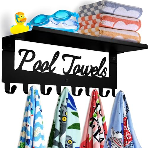 Porte-serviettes de piscine avec étagère, 8 crochets pour piscine, salle de bain, montage mural, porte-serviettes, organisateur en acier au carbone, accessoires de piscine, intérieur et extérieur