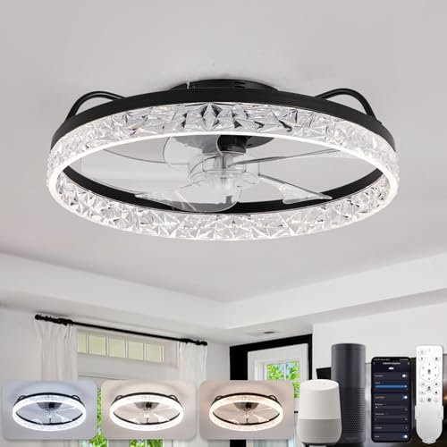 YUNLONG Smart WiFi Lampara Ventilador Techo, Compatible con Alexa, Google, Mando a distancia, Smart Life, Ventilador de Techo con Luz Moderno, Regulable, Reversible 5 Aspas, Negro