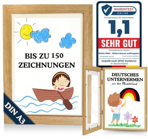 Bada Bing Bilderrahmen A3 für Kinderzeichnungen in Holz Optik - Kunstfotorahmen aufklappbar mit Frontöffnung für bis zu 150 Kinderbilder - Befüllbarer Fotorahmen - Rahmen zum Sammeln von Bildern