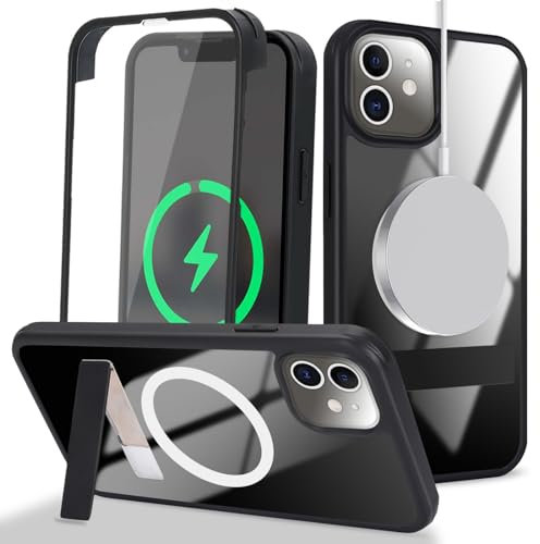 Zouzt for iPhone 12/12 Pro 6.1 Inch Case with Screen Protector, 360 Full Body with Glass Screen Protector [for Magsafe] [Shockproof] Stand Heavy Duty Protection Phone Case - Black