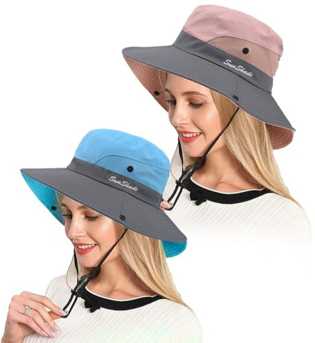COEKI 2 Stück Sommerhut Damen,Pferdeschwanz Sonnenhut Damen-UV, Schutz Breite Krempe Sommerhut, Sonnenhut Damen Faltbarer UV, Outdoor Buschhut mit Verstellbarem Kinnband