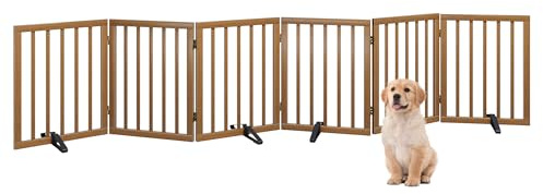 Dog Gates for Doorways, Foldable Dog Gate Indoor, Freestanding Pet Gates for Doorways Bedroom, Puppy Gate with Metal Support Feet, Room Divider 6 Panels (Walnut)