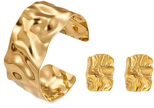 LOCCY Breit Gold Armreif für Damen, Schlichte Gold Offen Armreif Damen Verstellbar Golden Manschette Armband Manschettenarmbänder für Frauen Teen Mädchen (Goldem Armband+Ohrringe 2)