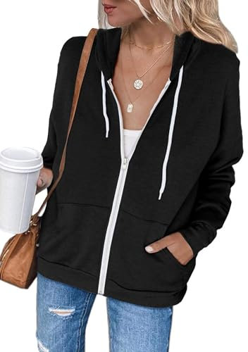 Damen Langarm Hoodie Sweatjacke Einfarbig Reißverschluss Pullover Kapuzenjacke Hoody Sweatshirt Jacken mit Taschen