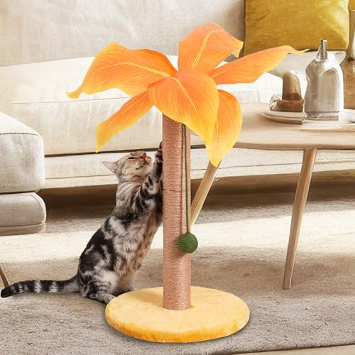 Meowoou Cat Scratching Post 23.6 inch Sisal Rope Palm Tree Design with Dangling Balls for Small Cats, Yellow