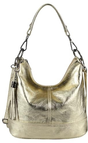 OBC Made in Italy Damen Leder Tasche Umhängetasche Shopper Schultertasche Handtasche Crossbody Hobo Bag Crossover Ledertasche Damentasche Fransen Gold