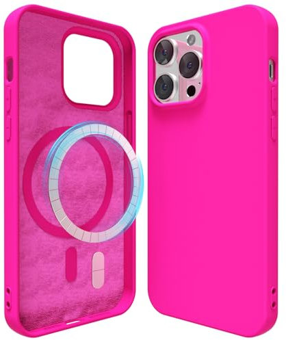 oakxco Silicone Case for iPhone 15 Pro Compatible with Magsafe Magnetic Wireless Charging, Slim Thin Soft Rubber Gel with Magnet, Matte TPU Mag Cover for Women Men, Neon Hot Pink