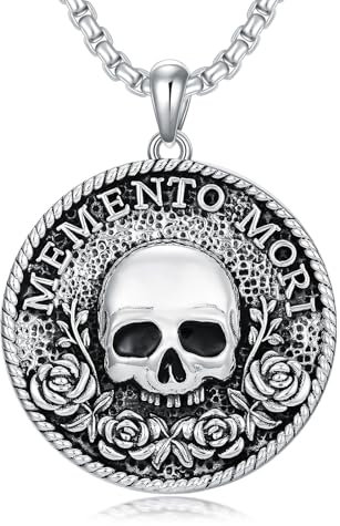 PROESS Memento Mori Halskette S925 Sterlingsilber Totenkopf Rosen Münzen Anhänger Memento Mori Schmuck Geschenke für Männer