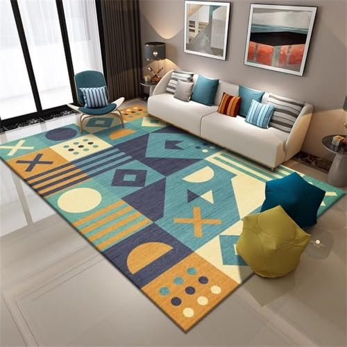 WBDYMX Kinder Teppiche120x120CM Area Rugs Babyzimmer Teppich Modernes geometrisches Muster Rutschfester und verschleißfester Teppich blau