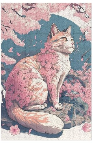 Puzzles 1000 Pièces Puzzle Chat en Fleurs de Cerisier du Japon pour Adultes Et Adolescents Puzzles sur Planche De Bois Excellent Cadeau pour Adultes Et Enfants