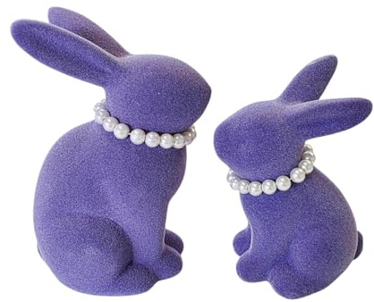 MACOSA WV559_x2 Osterhase mit Perlenkette 2er Set beflockt Lila Steingut Dekohase Hase Skulptur Oster-Deko Osterdekoration Figur Dekohase Dekofigur Tischdeko (Violett)