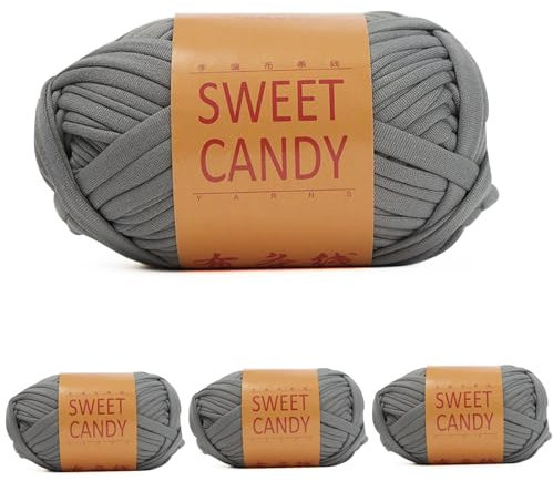 Yixinly 400g T-Shirt-Garn, Tshirt Garn zum Häkeln Schlauchgarn zum Häkeln Ribbon Häkelgarn für Tasche, Korb, Decke, Heimdekoration 4x100g (Grau)