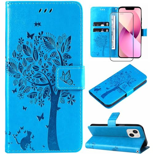 Hancda Phone Case for iPhone 13 / iPhone 14 Leather Case with Tempered Glass Screen Protector Wallet Card Holder Slot Flowers Design Magnetic Case Flip Cover for iPhone 13 / iPhone 14,Blue