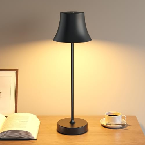 UPXNBOR Rechargeable Table Lamp, Cordless Battery Operated Touch USB Table Lamp, 3-Level Dimmable Brightness, IP54 Waterproof, Full Metal Housing, Dual Battery Power, Black [Energy Class A]