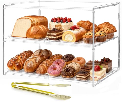 Acryvic 2-Tiers Bakery Display Case for Commercial Countertop, 18.9 x 9.5 x 11.8 Acrylic Pastry Display Case Storage Box for Dessert Donut Bread Cake Cupcake Bagels Cookie