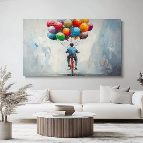 Leinwandbilder Abstrakt Fahrrad Luftballons Bunt Bild auf Leinwand Vlies Wandbild Kunstdruck Wanddeko Wand Wohnzimmer Schlafzimmer Büro Wanddekoration Deko, 80 x 80 cm