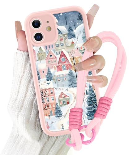 Yirlbey Handyband Weihnachten Handyhülle für iPhone 11 Hülle mit Band Kette, Christmas Schutzhülle Winter Aesthetic Collage mit Kordel zum Umhängen Cover, Silikon Case 6,1, Schneeflocken