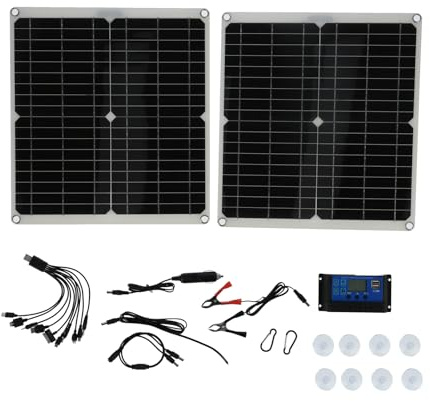 Kit panneau solaire camping - car 2×25W 20V monocristallin + régulateur 30A & câbles – recharge batterie 12V / 24V rapide, léger & portable, idéal camping