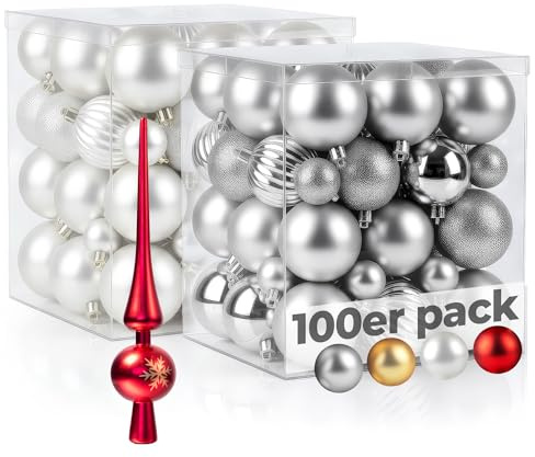Menz weihnachtskugeln 50er Weiß + 50er Silber – Dekorative Kugeln aus Kunststoff in 3/4/6 cm, glänzend/matt/glitzernd/Kürbis mit rotem Spitz