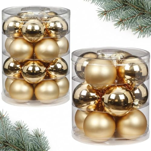 Weihnachtskugeln großes Set aus Glas | 12 große 8cm-Kugeln & 20 Klassische 6cm-Kugeln für den Weihnachtsbaum | Christbaumkugeln für Weihnachten (Brokatgold Gold)