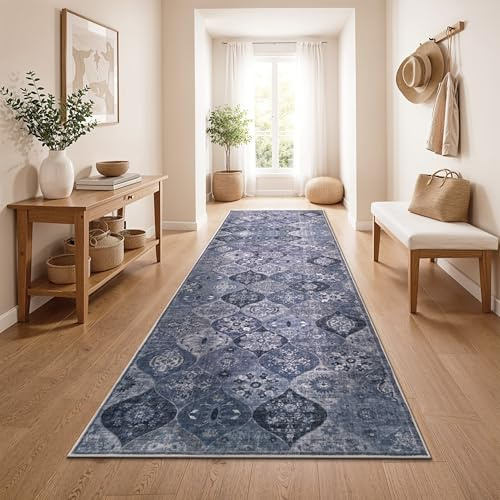 Paco Home Vintage Teppich Läufer Flur Waschbar & rutschfest, pflegeleicht, modernes Retro Design im Boho Stil, Blau, 80x150 cm