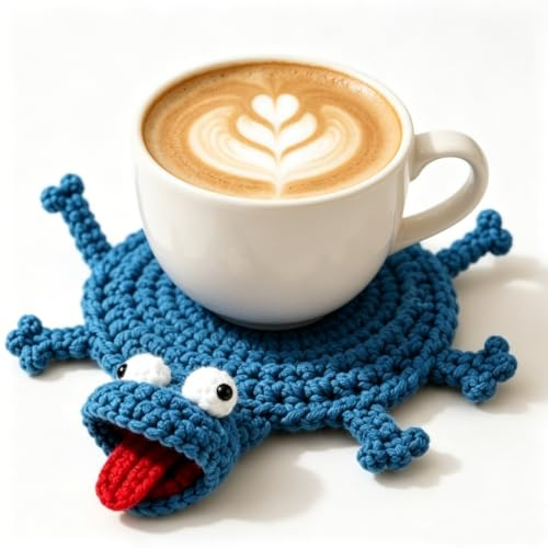 Dessous De Verre en Crochet,Mignons en Forme De LéZard à Faire Soi-MêMe en 3D, des ModèLes Originaux Et Insolites, des Dessous De Verre Animaux Au Crochet. (Bleu)