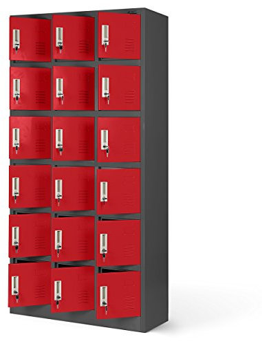 Jan Nowak Umkleideschrank 3B6A Fächerschrank Schließfachschrank mit 18 Fächern Metall Pulverbeschichtung 185 cm x 90 cm x 40 cm (H x B x T (Anthrazit-Rot)