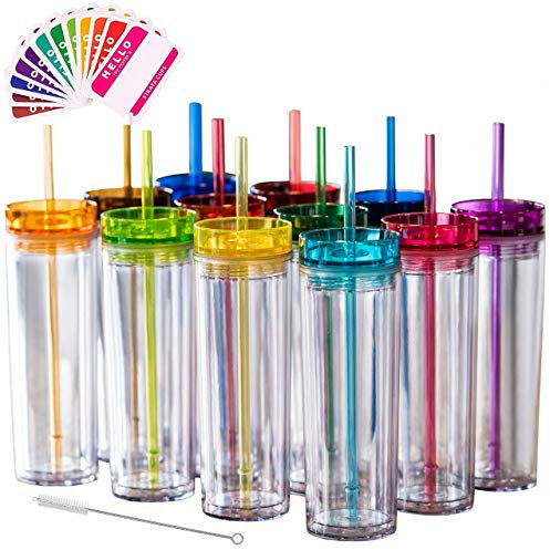 Skinny Tumblers 24 farbige Acryl-Trinkgläser mit Deckel und Strohhalmen, schmal, mit kostenlosem Strohhalm-Reiniger und Namensschildern Wiederverwendbarer Becher mit Strohhalm (Mehrfarbig, 24)