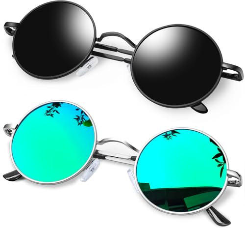 KANASTAL 2er Set Runde Sonnenbrille Herren Damen Retro Polarisierte Sonnenbrille Rund mit Metallrahmen Vintage Hippie Rave Brille UV400 Schutz, Polarisiert Schwarze und Verspiegelt Grün