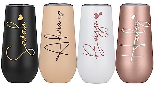 Mostop Flûtes à champagne personnalisées, verre à vin isotherme en acier inoxydable, 177 ml, gobelet réutilisable sans pied pour demoiselle d'honneur, fiançailles, cadeau d'anniversaire de mariage