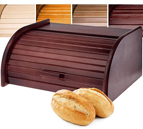 KADAX Panera espaciosa de madera, Panera con tapa enrollable, Panera con tapa frontal, Panera enrollable, Panera grande retro, Contenedor para Pan (oscuro)