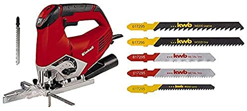 Einhell Stichsäge TE-JS 100 (750 W, max. 100 mm, 45° Schrägschnitt, Hubzahlregelung, 4-Stufen Pendelhub, Absaugadapter, Parallelanschlag, LED-Licht, Koffer, inkl. 5-tlg. T-Schaft Sägeblatt-Set)