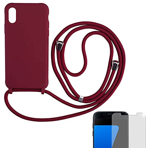 Eximmobile Hülle mit Band + 9H Panzerfolie Kompatibel mit Samsung Galaxy A21s in Rot Handykette Rubber Handyhülle mit Kette für Smartphone Schutzhülle mit Kordel Case Matt