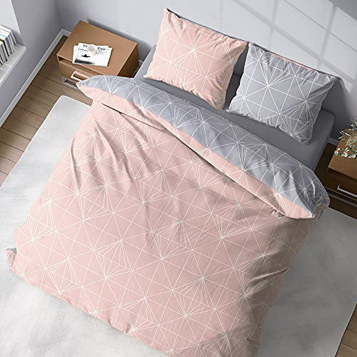 CÔTE DECO PD15429 Parure de lit avec Housse de Couette 220x240 cm + 2 Taies d'oreiller 63x63cm pour lit pour 2 Personnes géométrique Rose et Gris 100% Coton