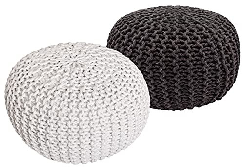 Pouf Set 2 Stück Strickhocker Bodenkissen Grobstrick-Optik Ø 55 cm H 37 cm weiß & grau Sitzhocker