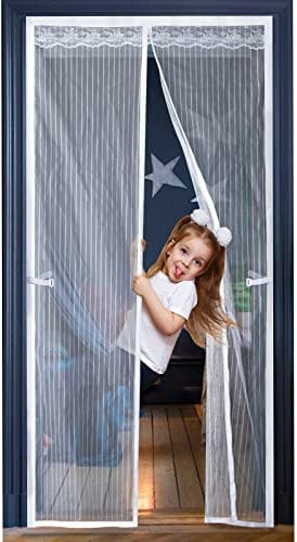 JOREAL Fly Screen for Doors 100X210cm, Anti Mosquito Polyester Mesh Screen Door with Full Frame Magic Tape and Powerful Magnets, Magnetic Fly Insect Screen Door with Lace(White)