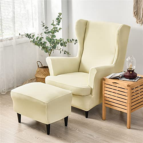 Highdi 2 Teilig Ohrensessel Überzug Mit Ottomane Schonbezug, Einfarbig Sessel-Überwürfe Ohrensessel Schonbezüge Bezug Sesselhusse Stretch Tiger Stuhlbezug mit Armlehne Hohe Rückenlehne (Beige)