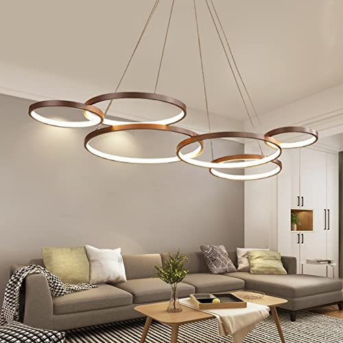 Lfoute Modern 6 Ring LED Pendelleuchte Esstischlampe Braun Hängelampe 88W Dimmbar Mit Fernbedienung Wohnzimmer Esszimmer Pendellampe Schlafzimmer Kronleuchter Höhenverstellbar Innenbeleuchtung