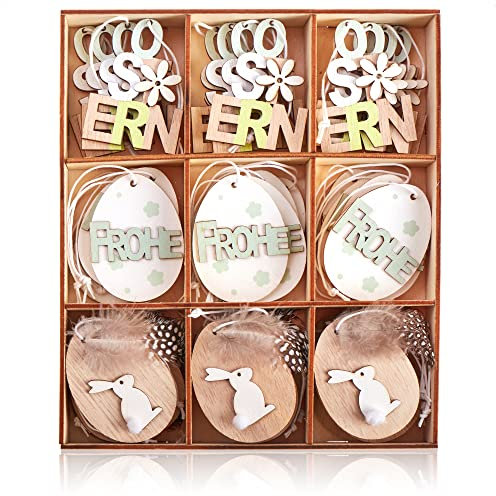 com-four® 36x Dekoanhänger für Ostern - Holzaufhänger für den Osterstrauch - Osterschmuck aus Holz zum Aufhängen - Frühlingsdekoration - Ei, Hase, Schriftzug (weiß + braun + grün)