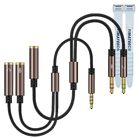 YIMATEECO Kopfhörer Adapter Y Splitter 3,5mm, Audio Klinke Headset Stereo Aux Splitter Kabel Mikrofon für PS4, Gaming, Headset, PC, Xbox One, Laptop, Lautsprecher (1 Satz, 2 Stü, Braun)