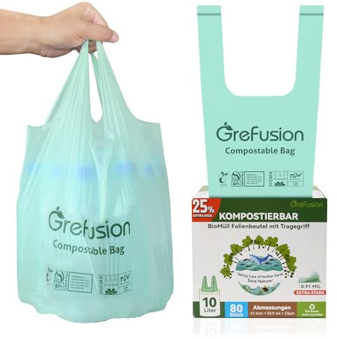 GreFusion Extra Stark 10L Biomüllbeutel mit Henkel 80 Stück Müllbeutel mit Tragegriff ok compost