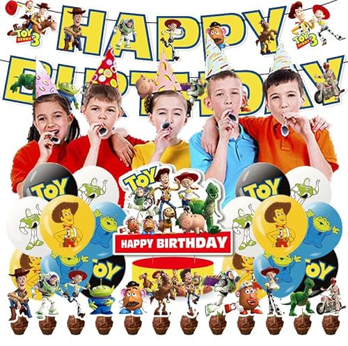 RZDQZY Birthday Decoration Party Supplies: Balloons, Cake Toppers, Banner & Festoon - Red, Blue, Yellow, Green, Pink - Cartoon Theme - Birthday Occasion
