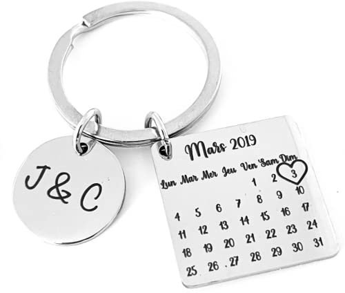 Cadeau Saint Valentin Pour Homme, Porte clé personnalisé Femme calendrier date en métal acier inoxydable, idée cadeau anniversaire de rencontre, St Valentin amoureux amoureuse