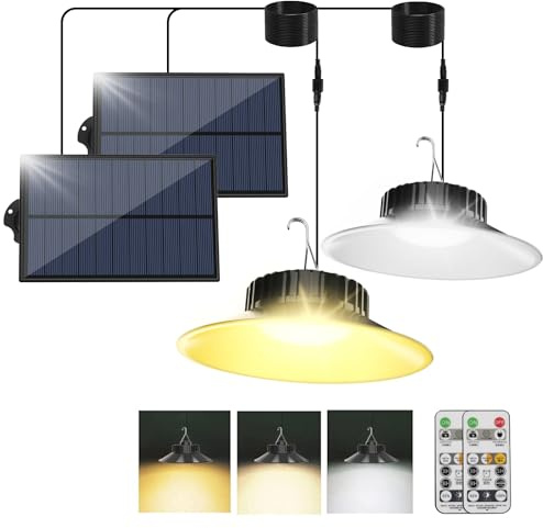 T-SUNUS - Lámpara solar suspendida al aire libre, suspensión solar exterior 2 modo con mando a distancia, lámpara colgante solar 3 temperatura de color IP65 impermeable suspensión luminaria solar 2