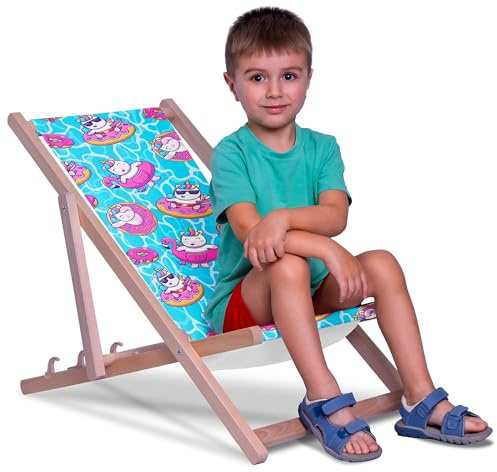 DreamRoots Kinder Liegestuhl Holz Gr. S, Swimming Unicorn | Klappbarer Campingstuhl faltbar, für Garten & Strand, bis 130 kg, waschbarer Bezug, 100% Polyester, UV-beständig, Kinderliege