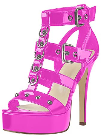Only maker Damen Gotische Sandalen Punk Sandaletten High Heels T-Riemen Schaftsandalen mit Nieten Schnallen Lack Rosa 43 EU