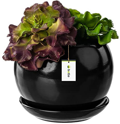 botle Blumentopf Blumenübertopf Schwarz Kugel Blumenschale mit Untersetzer Rund BxH 110 mm x 100 mm Oberfläche Glanz Keramik Modern Glamour