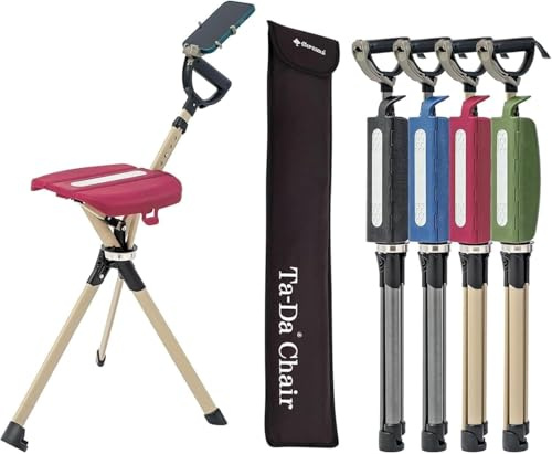 Ta-Da Chair Serie 2 PRO - Gehstock mit Sitz, leichter Aluminiumrahmen & robuster Klapphocker (bis 136 kg), faltbares Design, ideal für Wanderungen und Outdoor-Aktivitäten, höhenverstellbar (rot)